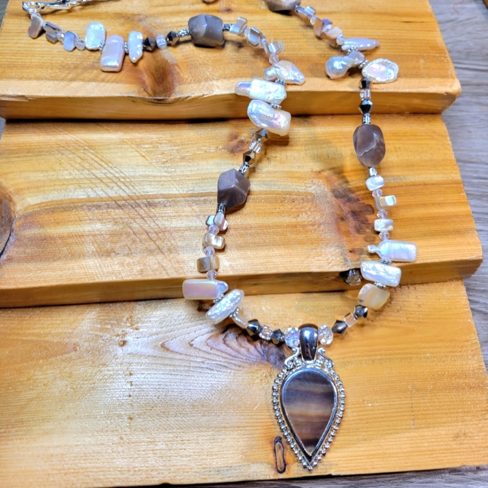 OOAK Agate, Pearl & Shell Beaded Necklace Handmade by Lynn Smythe